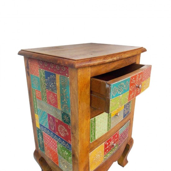 Three Drawers Cabinet/ Bed Side in a Classy Combination of Honey Polish and Colorful Geometrical Motifs Three Drawers Cabinet/ Bed Side in a Classy Combination of Honey Polish and Colorful Geometrical Motifs