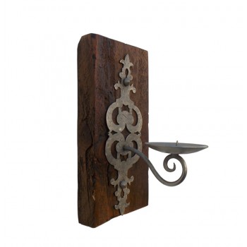 Wall Candle Holder Sleeper Wood, Hand Beaten & Cut Iron Art