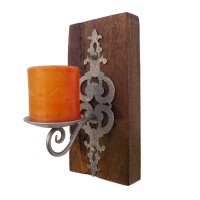 Wall Candle Holder Sleeper Wood, Hand Beaten & Cut Iron Art