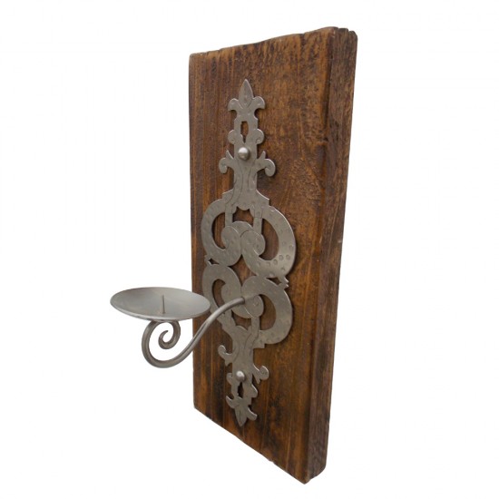 Wall Candle Holder Sleeper Wood, Hand Beaten & Cut Iron Art