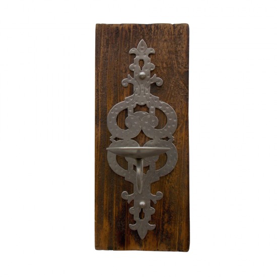 Wall Candle Holder Sleeper Wood, Hand Beaten & Cut Iron Art