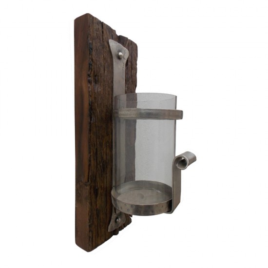 Wall Candle Holder Sleeper Wood, Hand Beaten & Cut Iron Art (Glass Flame Protector) Wall Candle Holder Sleeper Wood, Hand Beaten & Cut Iron Art (Glass Flame Protector)