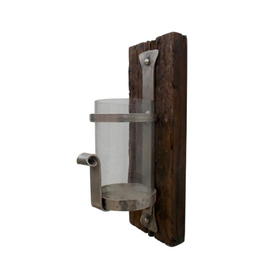 Wall Candle Holder Sleeper Wood, Hand Beaten & Cut Iron Art (Glass Flame Protector) Wall Candle Holder Sleeper Wood, Hand Beaten & Cut Iron Art (Glass Flame Protector)