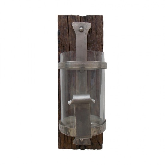 Wall Candle Holder Sleeper Wood, Hand Beaten & Cut Iron Art (Glass Flame Protector) Wall Candle Holder Sleeper Wood, Hand Beaten & Cut Iron Art (Glass Flame Protector)