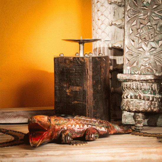 Reclaimed sleeper wood candle holder with iron detail – rustic table décor Reclaimed sleeper wood candle holder with iron detail – rustic table décor