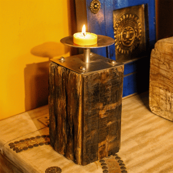Reclaimed sleeper wood candle holder with iron detail – rustic table décor Reclaimed sleeper wood candle holder with iron detail – rustic table décor