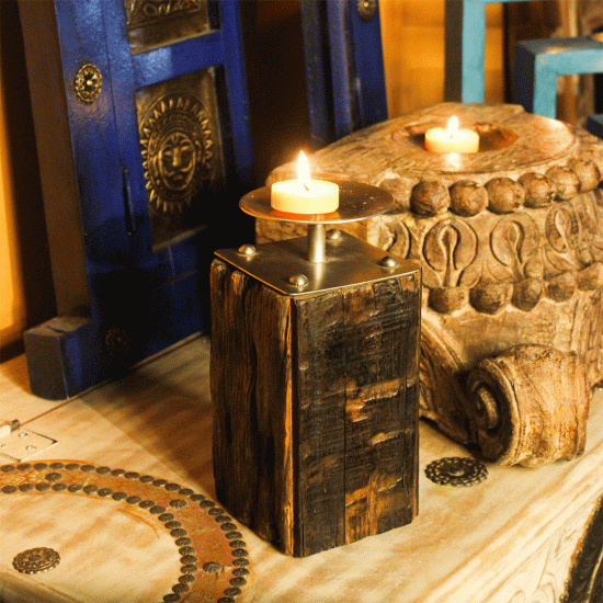 Reclaimed sleeper wood candle holder with iron detail – rustic table décor Reclaimed sleeper wood candle holder with iron detail – rustic table décor