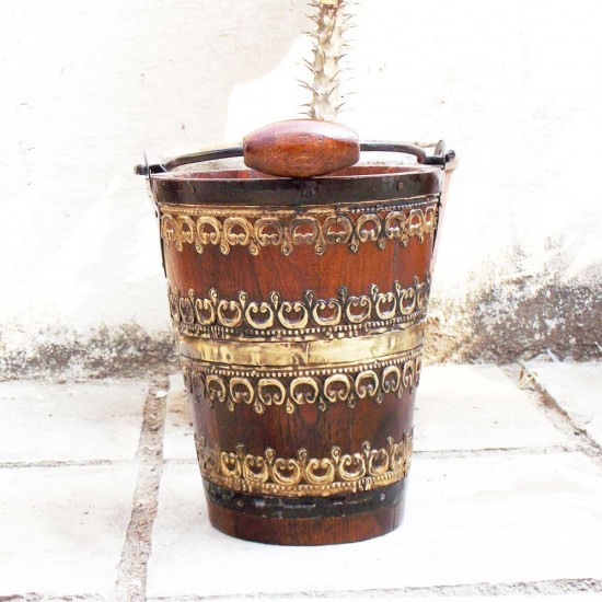 Wooden Bucket With Brass Art, bottle chiller- Set Of Three