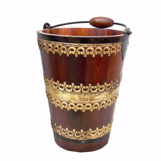 Wooden Bucket With Brass Art, Bottle Chiller - Medium