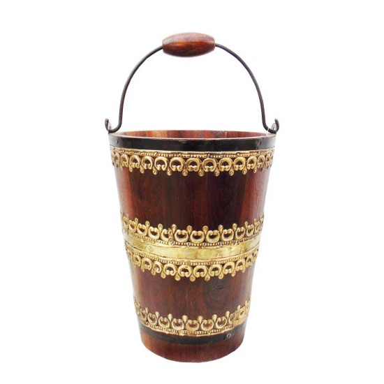 Wooden Bucket With Brass Art, Bottle Chiller - Medium