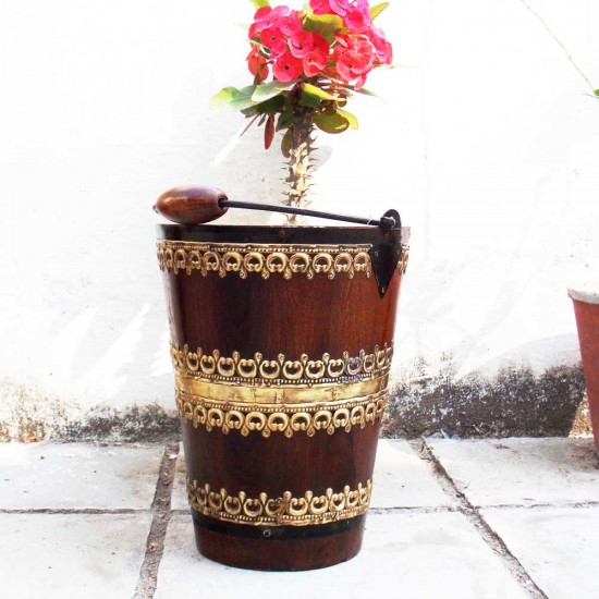 Wooden Bucket With Brass Art, Bottle Chiller - Medium