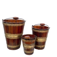 Wooden Bucket With Brass Art, bottle chiller- Set Of Three