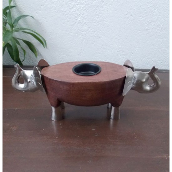 Two Elephant Tealight Holder- Wooden Body, Metal Heads Two Elephant Tealight Holder- Wooden Body, Metal Heads