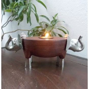 Two Elephant Tealight Holder- Wooden Body, Metal Heads