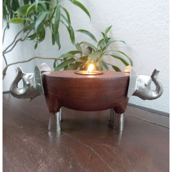 Two Elephant Tealight Holder- Wooden Body, Metal Heads Two Elephant Tealight Holder- Wooden Body, Metal Heads