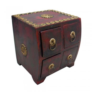 Polished Wooden Four Drawers Mini Chest - Embossed Brass Artwork