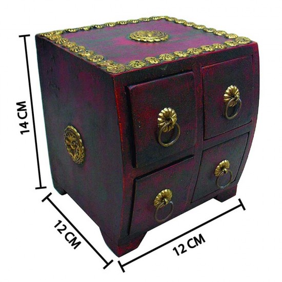Polished Wooden Four Drawers Mini Chest - Embossed Brass Artwork