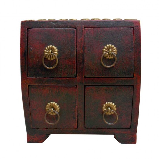 Polished Wooden Four Drawers Mini Chest - Embossed Brass Artwork Polished Wooden Four Drawers Mini Chest - Embossed Brass Artwork