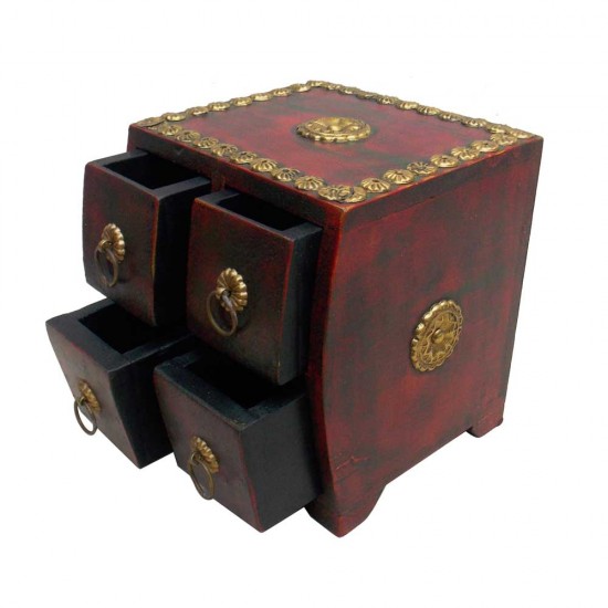 Polished Wooden Four Drawers Mini Chest - Embossed Brass Artwork