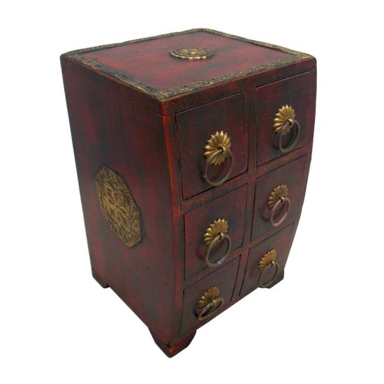 Polished Wooden Six Drawers Mini Chest - Embossed Brass Artwork Polished Wooden Six Drawers Mini Chest - Embossed Brass Artwork