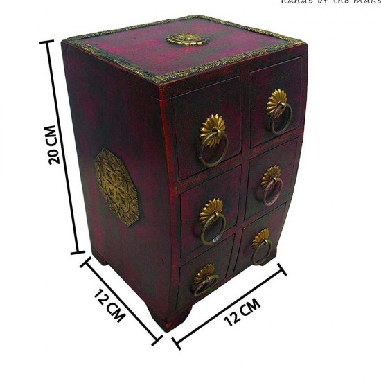 Polished Wooden Six Drawers Mini Chest - Embossed Brass Artwork Polished Wooden Six Drawers Mini Chest - Embossed Brass Artwork