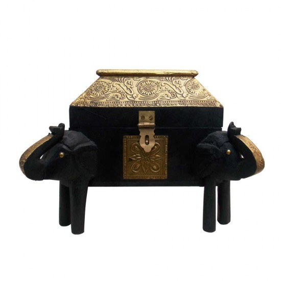 Four Elephants Square Pyramid Top Wooden Jewellery box - Embossed Brass Artwork