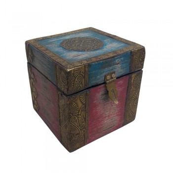 Distressed Painted Square Wooden Box - Antique Brass Artwork