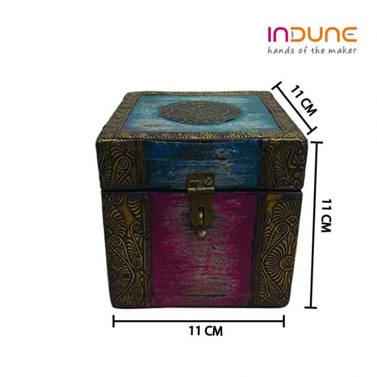 Distressed Painted Square Wooden Box - Antique Brass Artwork