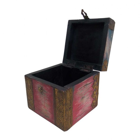 Distressed Painted Square Wooden Box - Antique Brass Artwork