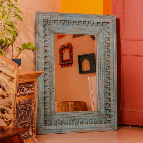 Large carved wooden mirror frame British blue 4ft rustic Indian wall decor
