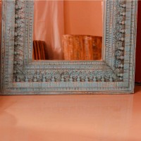 Large carved wooden mirror frame British blue 4ft rustic Indian wall decor