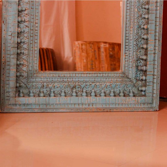 Large carved wooden mirror frame British blue 4ft rustic Indian wall decor