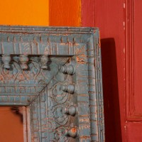 Large carved wooden mirror frame British blue 4ft rustic Indian wall decor