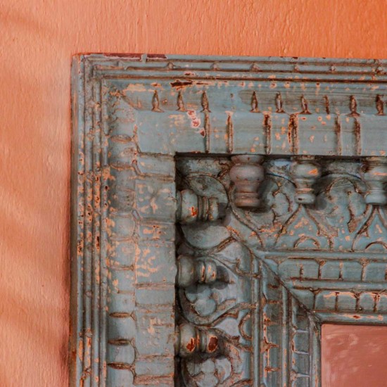 Large carved wooden mirror frame British blue 4ft rustic Indian wall decor