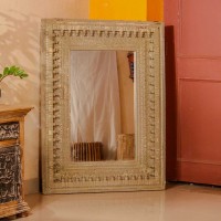 Large carved wooden mirror frame distressed grey 4ft rustic Indian wall decor
