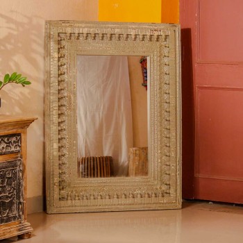 Large carved wooden mirror frame distressed grey 4ft rustic Indian wall decor