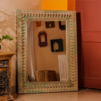 Large carved wooden mirror frame distressed green 3.5x4.5ft Indian wall decor