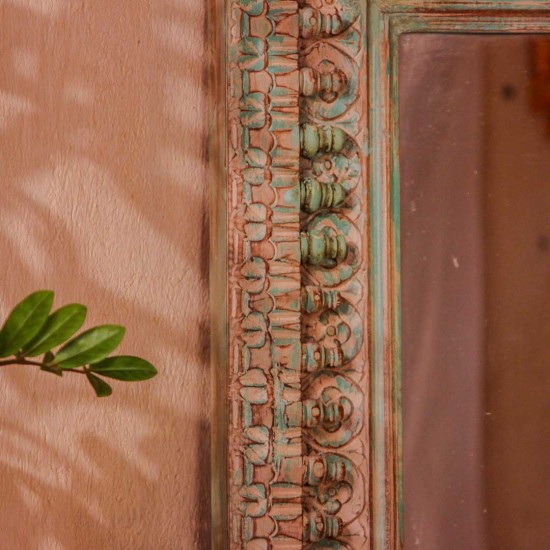 Large carved wooden mirror frame distressed green 3.5x4.5ft Indian wall decor