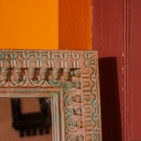 Large carved wooden mirror frame distressed green 3.5x4.5ft Indian wall decor