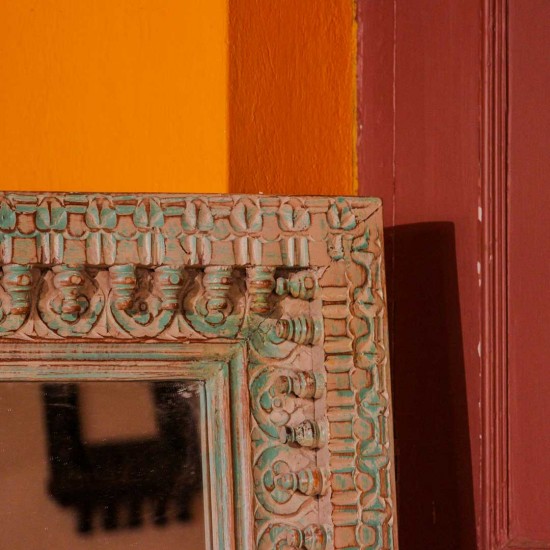 Large carved wooden mirror frame distressed green 3.5x4.5ft Indian wall decor