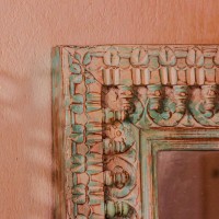 Large carved wooden mirror frame distressed green 3.5x4.5ft Indian wall decor