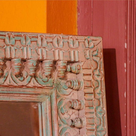 Large carved wooden mirror frame distressed green 3.5x4.5ft Indian wall decor
