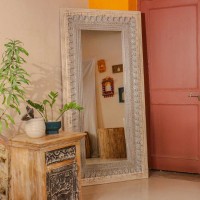 Large full length wooden mirror distressed white grey frame Indian home decor