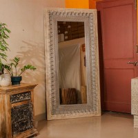 Large full length wooden mirror distressed white grey frame Indian home decor