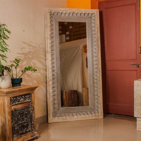 Large full length wooden mirror distressed white grey frame Indian home decor