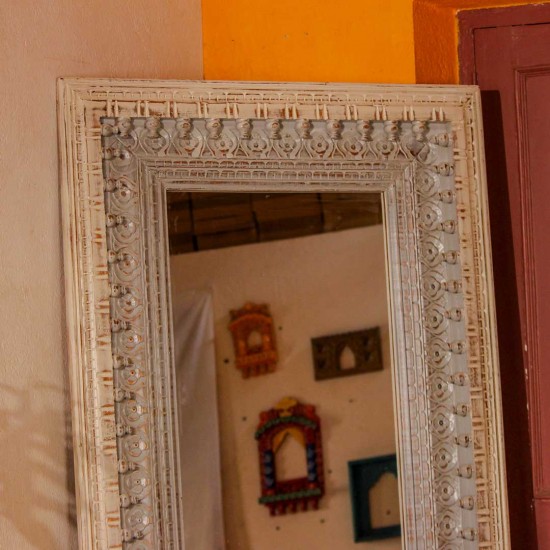 Large full length wooden mirror distressed white grey frame Indian home decor