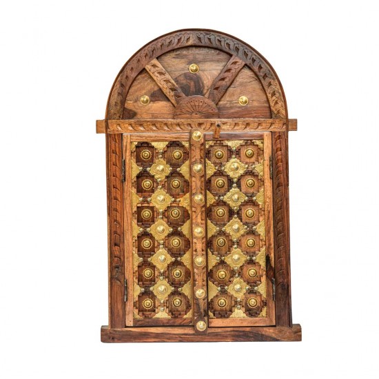 Wooden Window Shaped Wall Piece with Embossed Brass Art 18 x ht. 27.5 inches Wooden Window Shaped Wall Piece with Embossed Brass Art 18 x ht. 27.5 inches