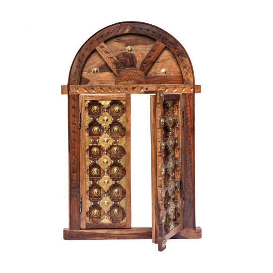 Wooden Window Shaped Wall Piece with Embossed Brass Art 18 x ht. 27.5 inches Wooden Window Shaped Wall Piece with Embossed Brass Art 18 x ht. 27.5 inches