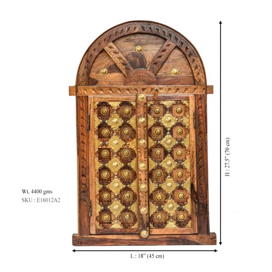Wooden Window Shaped Wall Piece with Embossed Brass Art 18 x ht. 27.5 inches Wooden Window Shaped Wall Piece with Embossed Brass Art 18 x ht. 27.5 inches