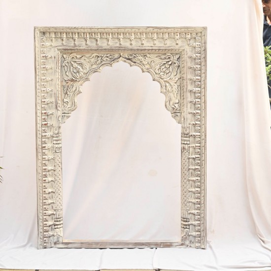 Jarokha Shaped Distressed White Craved Wooden Frame